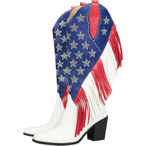 ⚡Women's Fringes American Flag Mid-Calf Western Boot Sparkling Stars Rhinestones - Picture 2 of 9